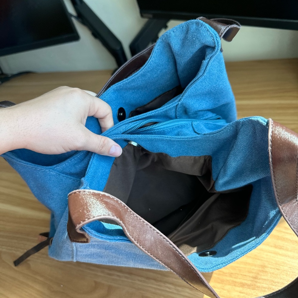 Blue Canvas Shoulder Bag with Brown Trim - Picture 5 of 10